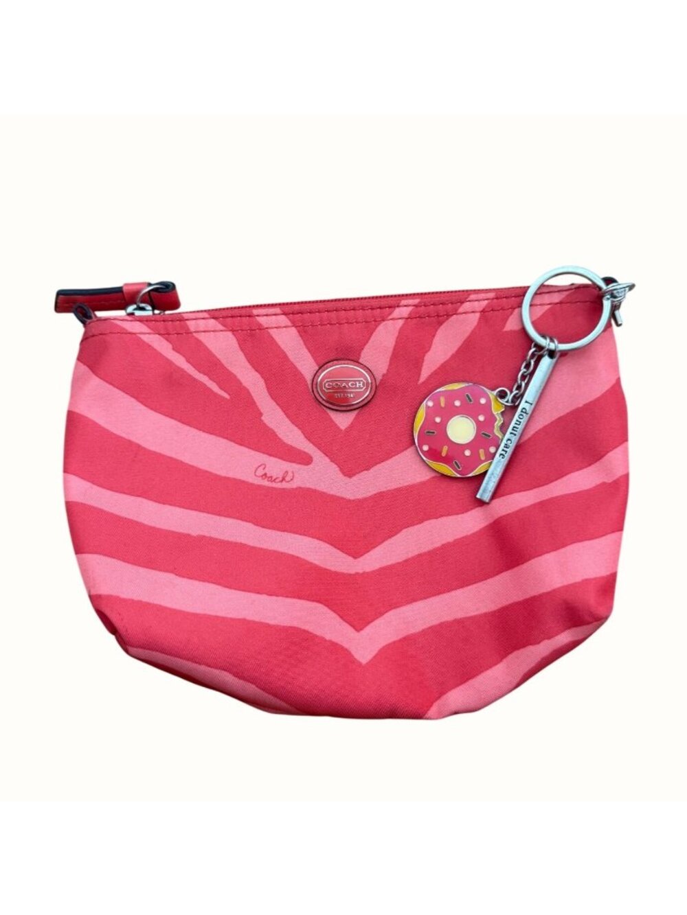 Coach Pink Zebra Print Pouch Donut Keychain Zip Closure Nylon Accessory